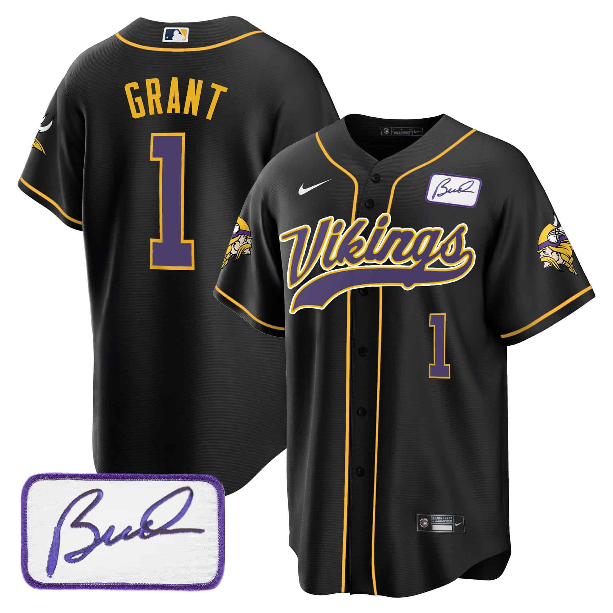 Men Minnesota Vikings #1 Grant Black 2024 Nike Bud Grant Patch Classic Baseball NFL Jersey